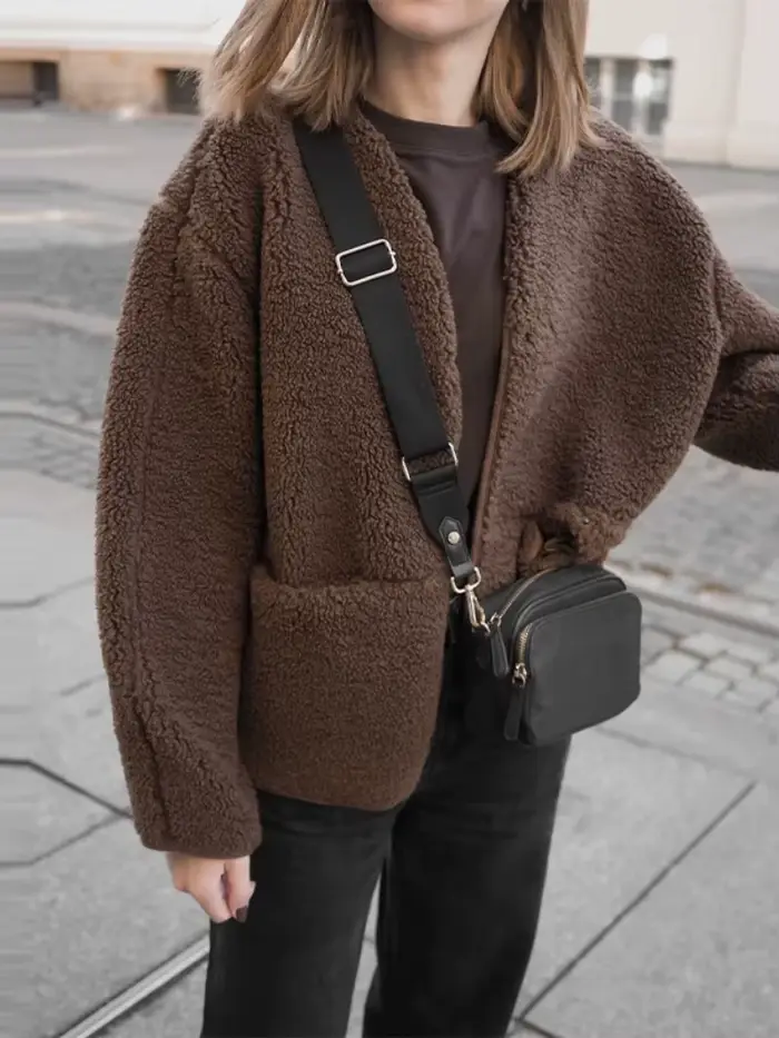 Peluche Teddy veste femme élégant col rond simple boutonnage poches épaissir manches longues manteaux
