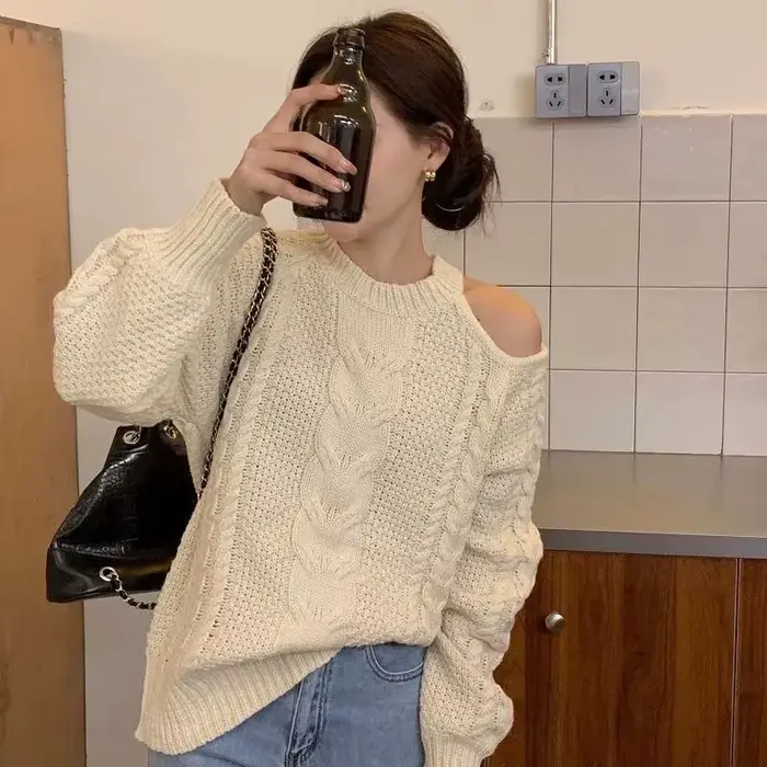 Pull rétro en tricot torsadé à épaules dénudées pour femmes, automne et hiver, coupe ample, Style pa