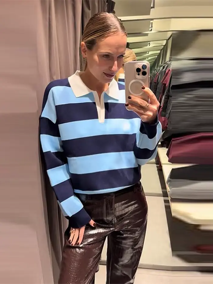 Pull en maille décontracté à col polo rayé pour femme