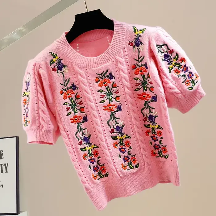 Pull brodé à manches bouffantes et col rond pour femmes, haut vintage et élégant, tricot chic à la mode, été, style floral, artisanat tricoté