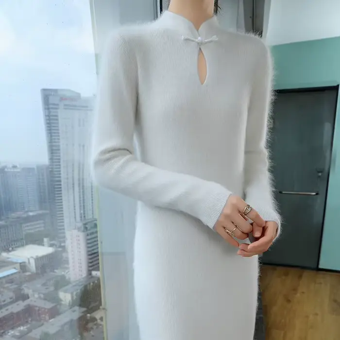 Robe longue tricotée à col rétro pour femme, pull sur le genou, robe en cachemire vison, Joker Slim,