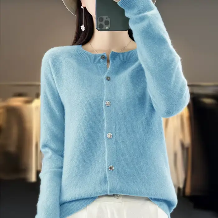 Cardigans en laine mérinos pour femmes, pull en cachemire, col rond, manches longues, tricot, vêteme