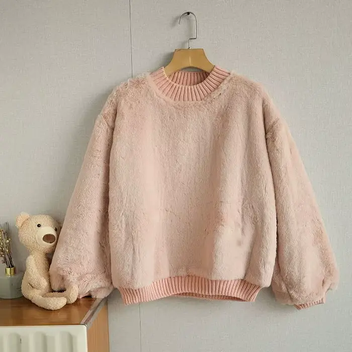 Pull Épais Rose à Col Ras du Cou et Manches sulf, en Peluche, Couleur Unie, Collection Automne et Hi