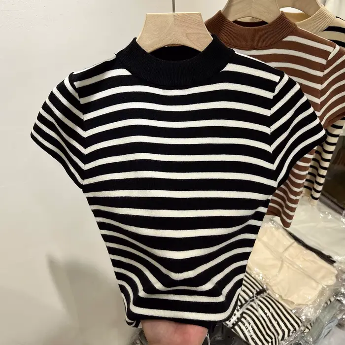 Pull à demi-col roulé rayé pour femme, haut ajusté, chemise à manches courtes, début du printemps et