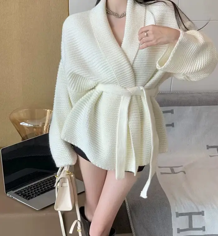 Cardigan à nouer pour femmes tricot confortable manches longues ouvert sur le devant avec cravate détachable style coréen automne hiver occassionnelle