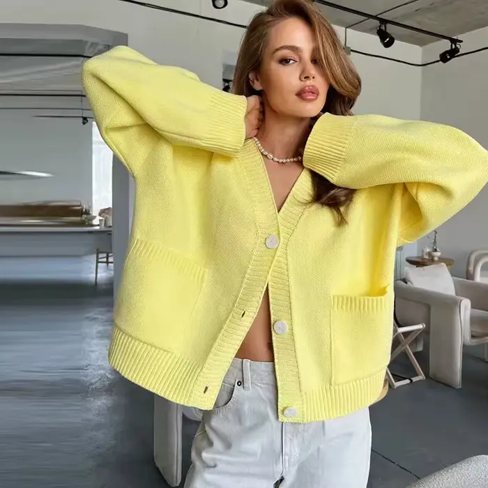Cardigan tricoté élégant pour femmes, ample, col en v, manches longues, poches, pulls féminins, mode