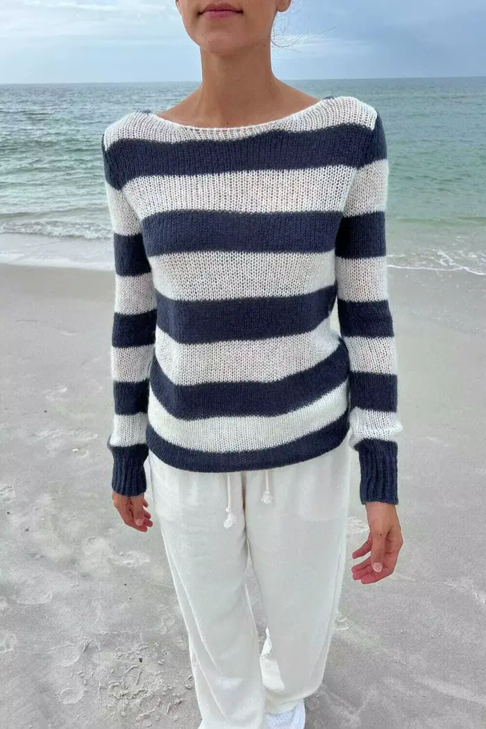 Pull en tricot transparent à rayures bleu marine et blanc pour femme, col bateau, manches longues, d