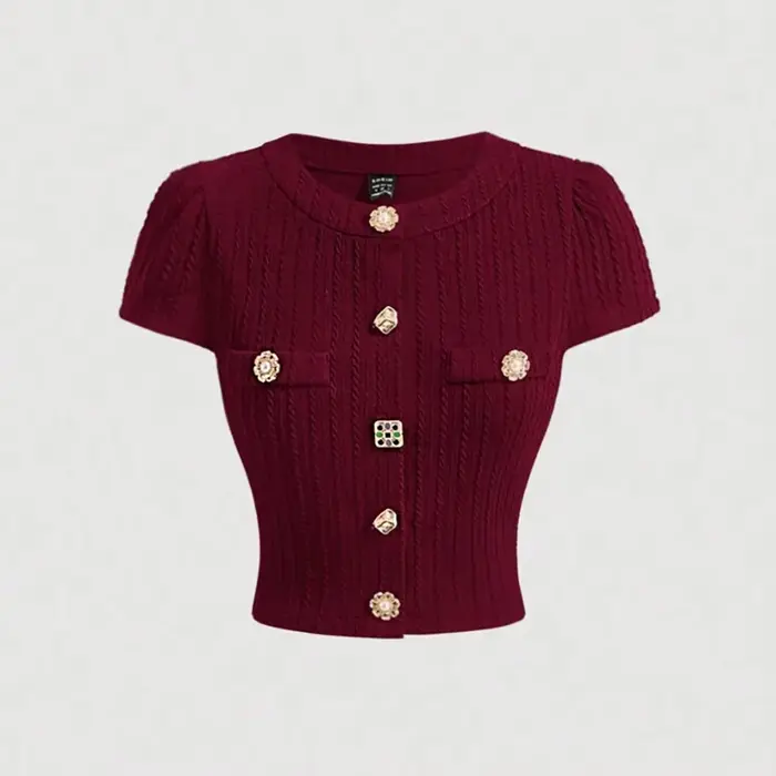 Nouveau cardigan en maille bordeaux rétro élégant de style européen et américain 2026 - Haut ajusté à manches courtes