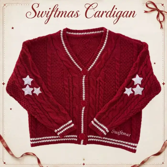 Cardigan Rouge Brodé d'Étoiles Pour Femme Occasion Spéciale Décontracté Coupe Ample Automne Hiver