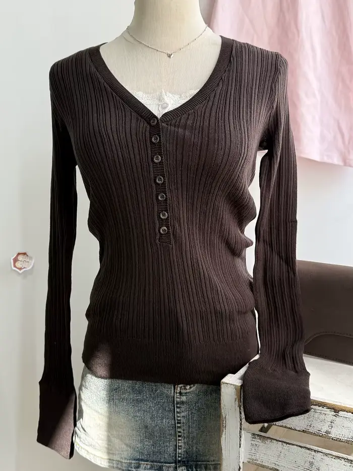 T-shirts en tricot à col en V avec boutons pour femmes, style décontracté printemps, streetwear, cot