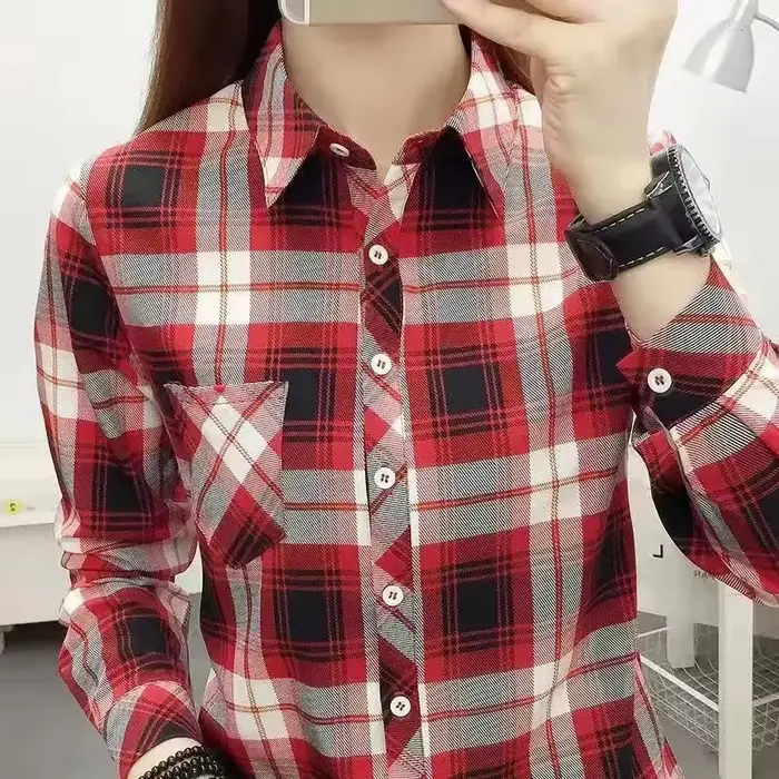 Chemises à carreaux de Style collégial pour femmes, manches longues, boutonnées, hauts décontractés,