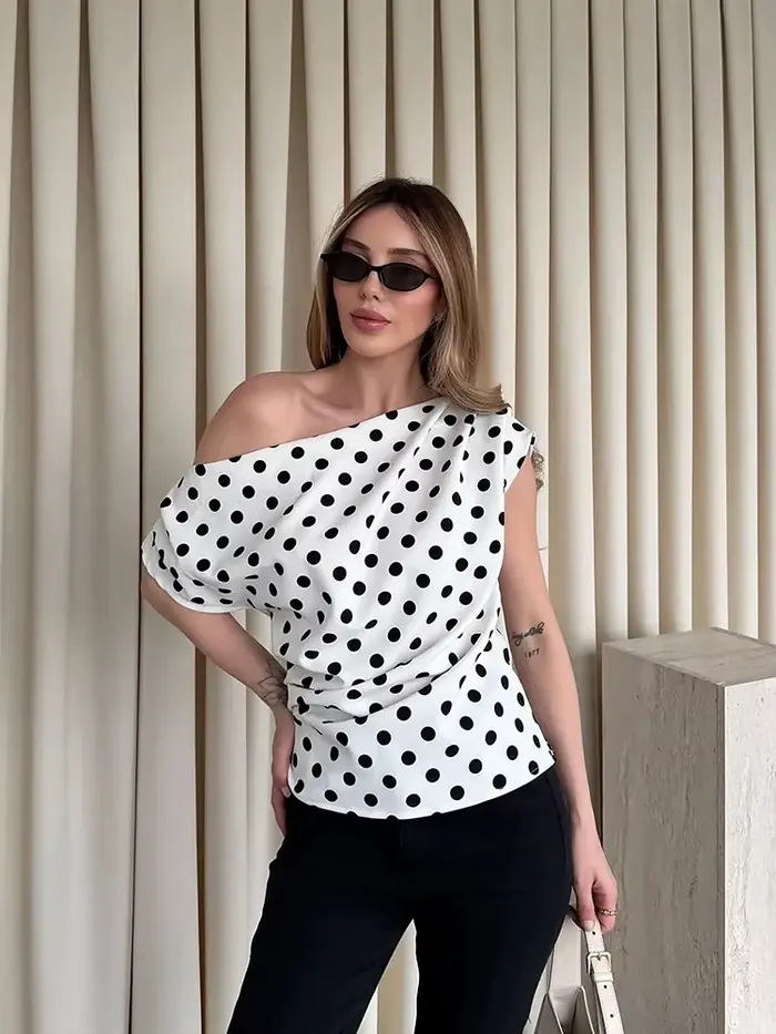Nibber Y2k Gilet Femmes Polka Dot Imprimer Col Asymétrique Plis D'été Mode Loisirs Quotidien Simple 