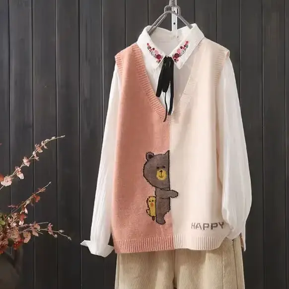 Pulls à col en V pour femmes, gilets en tricot épissé, pull Kawaii, gilet mignon, classique, esthéti