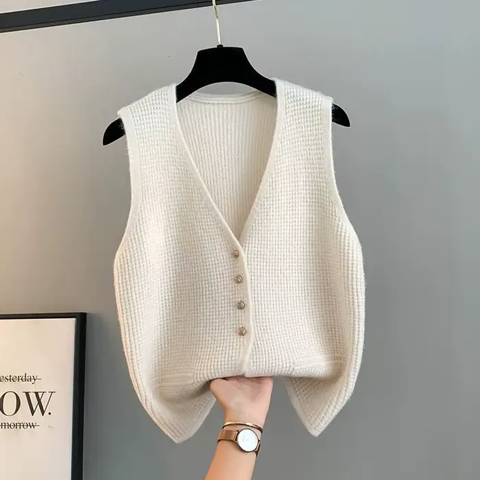 Gilet pull tricoté pour femme, col en V, sans manches, simple boutonnage, couleur unie, coupe ample,