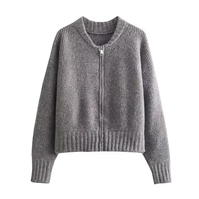 Pull tricoté solide pour femmes, col rond, manches longues, fermeture éclair, haut court, élégant, q