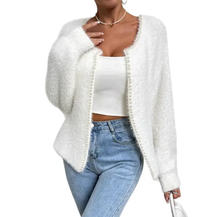 Pull Cardigan élégant pour femmes, couleur unie, col en v, mode, pull tricoté perlé, veste supérieur