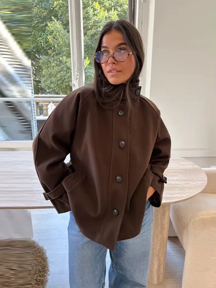 Col montant laine pardessus femmes élégant à manches longues simple boutonnage ample début du printemps Bomber manteau vestes nouvelle dame vêtements d'extérieur
