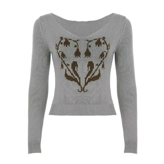 Pull Vintage à col en v pour femme, haut tricoté, Slim, polyvalent, fleur d'amour foncé, Y2K