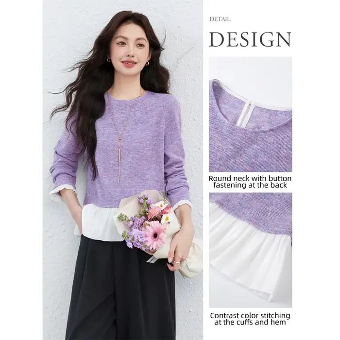 Pull décontracté Vimly Lilas en patchwork pour femmes, printemps 2026, polyvalent et luxueusement doux