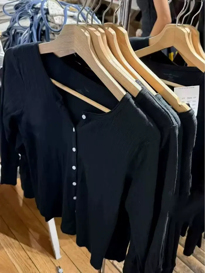 Oeillet noir bouton hauts Cardigan femmes nouveau coton Patchwork demi manches T-shirts femme Vintage Preppy Style