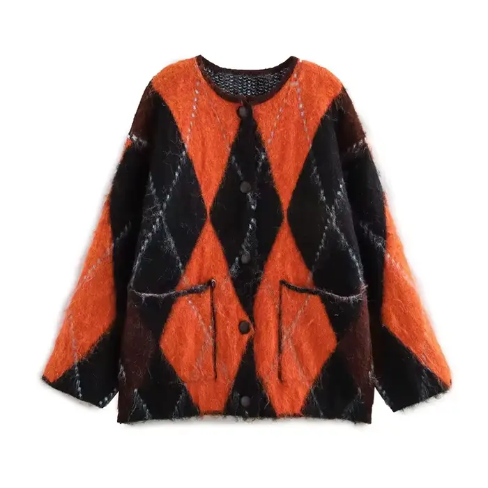 Cardigan tricoté Argyle Orange noir pour femme, col rond, manches longues, simple boutonnage, poches