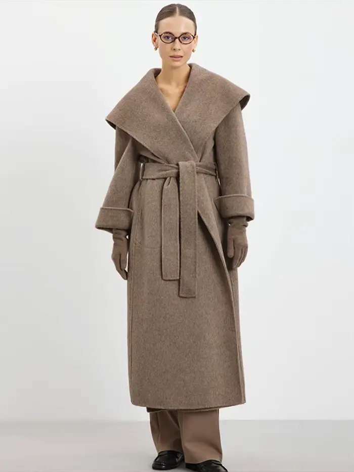 Élégant grand col Long manteau femmes rétro Chic lâche châle Tweed manteaux avec ceinture femme 2025 hiver décontracté rue vêtements d'extérieur