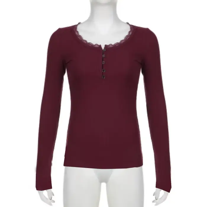 T-shirt Femme Dentelle Boutonné Style Vintage Prêt-à-Porter Occasions Spéciales Automne Été Mode Élégante Manches Longues
