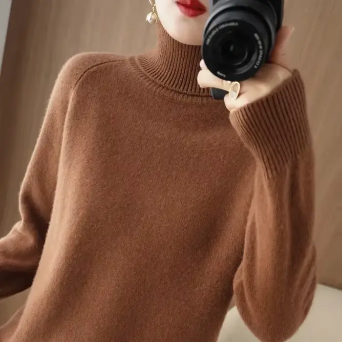 Pull en cachemire et laine pour femme, col roulé, pull à manches longues, pull d'automne et d'hiver,