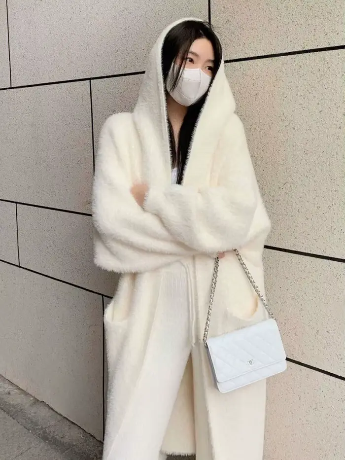 Cardigan long blanc pour femme, nouvelle collection hiver 2026, tricoté, moelleux, à manches longues