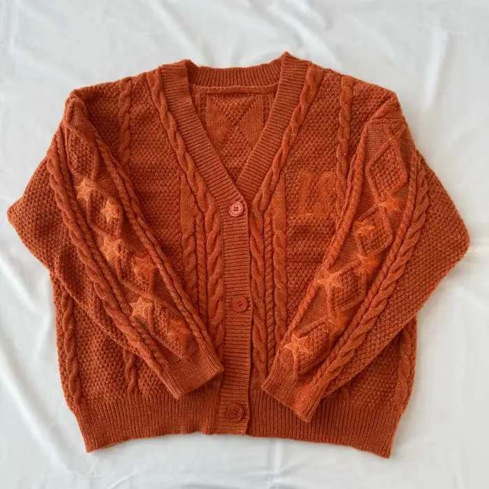 Cardigan Orange Scintillant pour Femme, Pull Tricoté Showgirl avec Fil Doré et Broderie Étoile, Mant