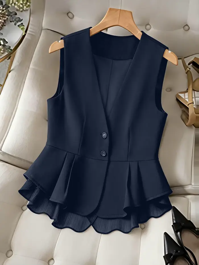 Gilet péplum élégant à col en v pour femmes, gilet blazer boutonné sans manches avec ourlet en mouss