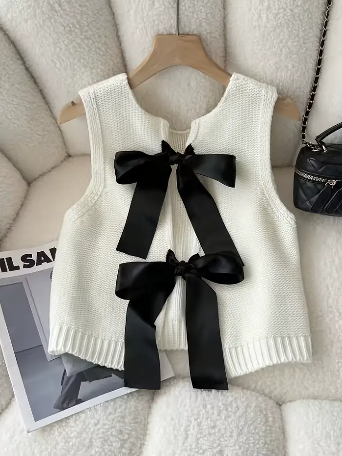Gilet tricoté sans manches avec nœud décoratif pour femme – Haut décontracté et mignon en maille – T