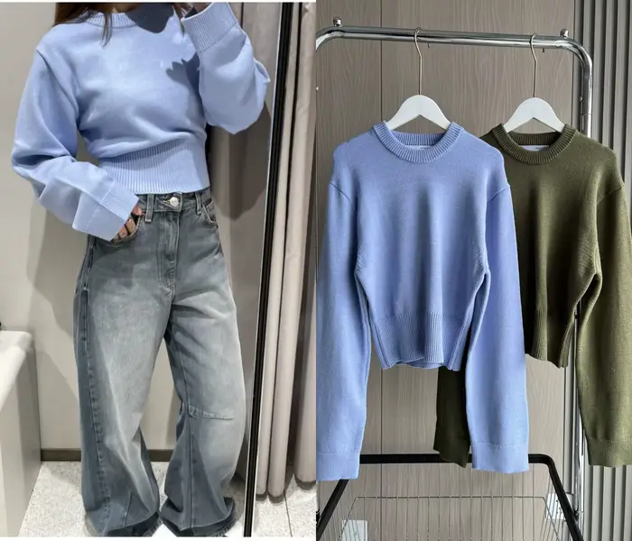 Pull tricoté à manches amples et col rond pour femme