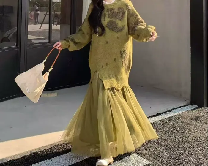 Robe en maille épissée tricotée avancée pour femmes, nouveau Style d'automne et d'hiver, faux pull d