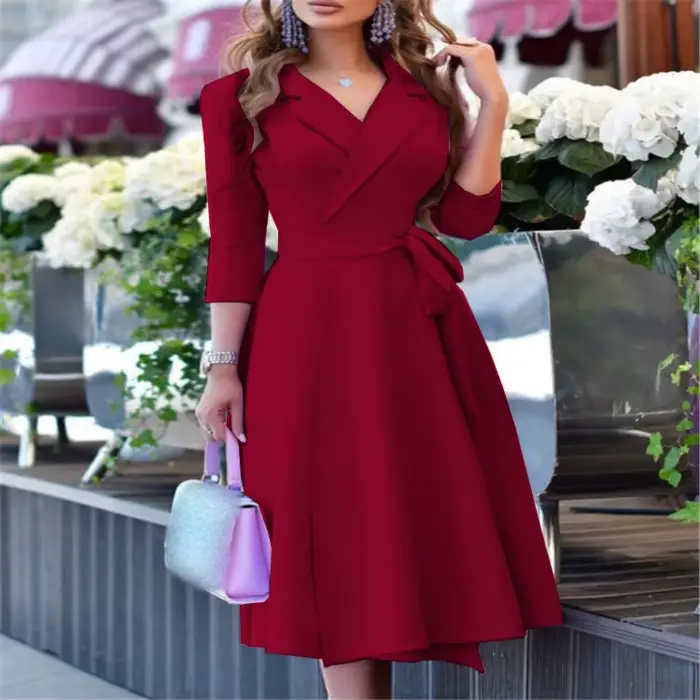 Robe polyester imprimé floral col rabattu mi-longue élégante pour femmes printemps été occasions spéciales