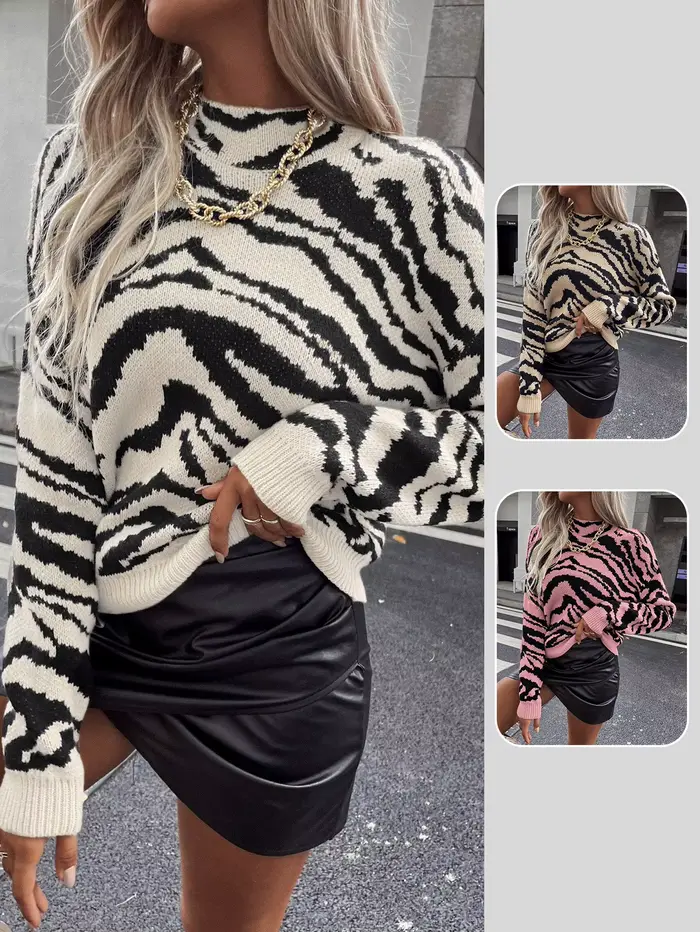 Pull à col roulé à manches longues imprimé zèbre pour femme