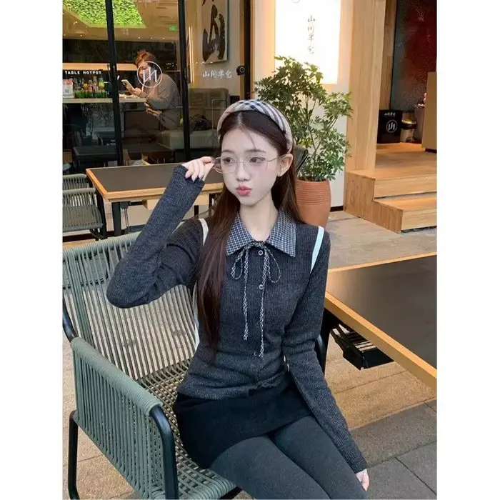 Pull à manches longues et col polo épissé à carreaux pour femme, pull Slim polyvalent coréen, nouvel