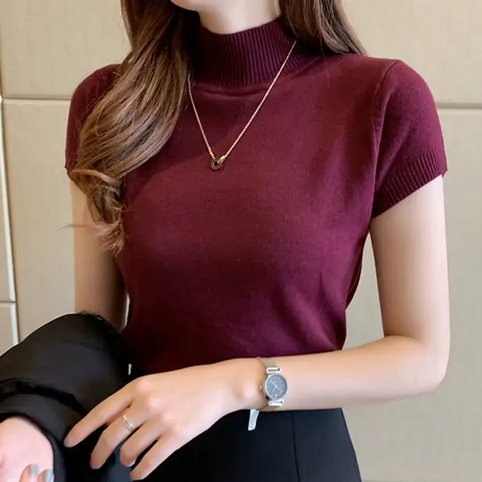 T-Shirt Femme Col Roulé Acrylique Élégant et Polyvalent pour Printemps et Été Occasions Spéciales Bureau et Soirées