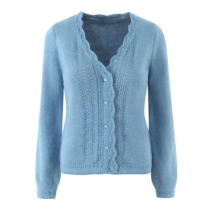 Cardigan à manches longues en dentelle bleue pour femme, col en V, simple boutonnage, Slim, pull tri