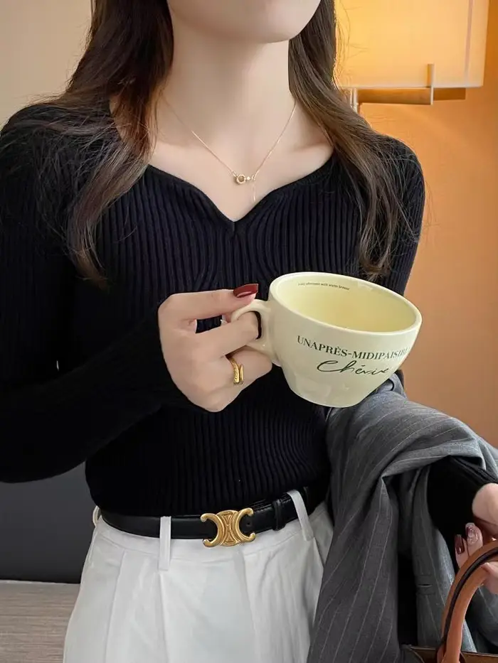 Pull-over chic à col en V basique pour femme, tricoté côtelé, manches longues, coupe ajustée, haute 