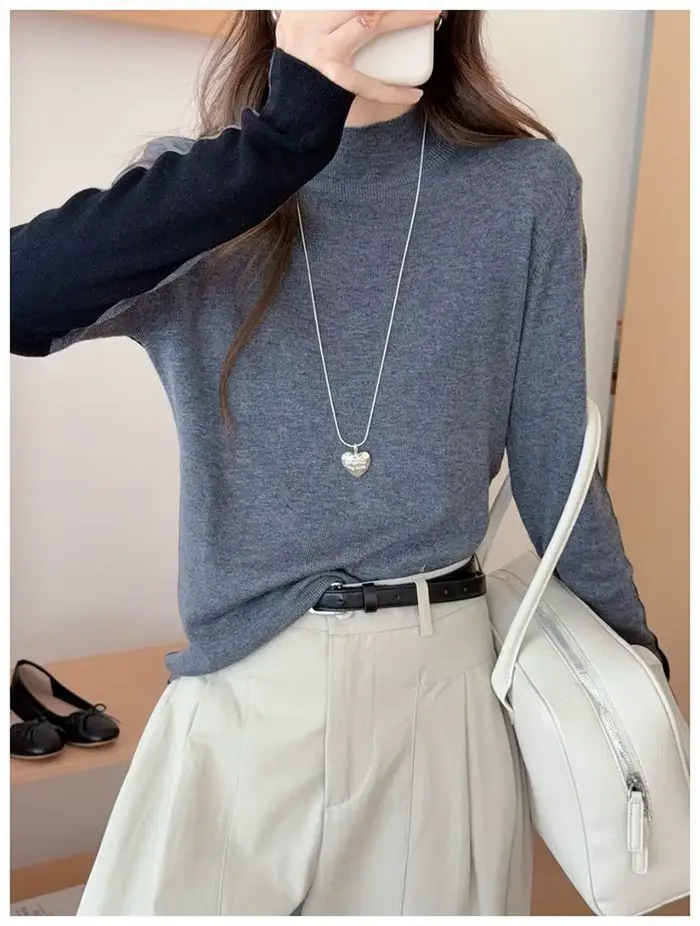 Pull demi-col roulé automne hiver nouveau Style couleur contrastée, haut de Style coréen de tempéram