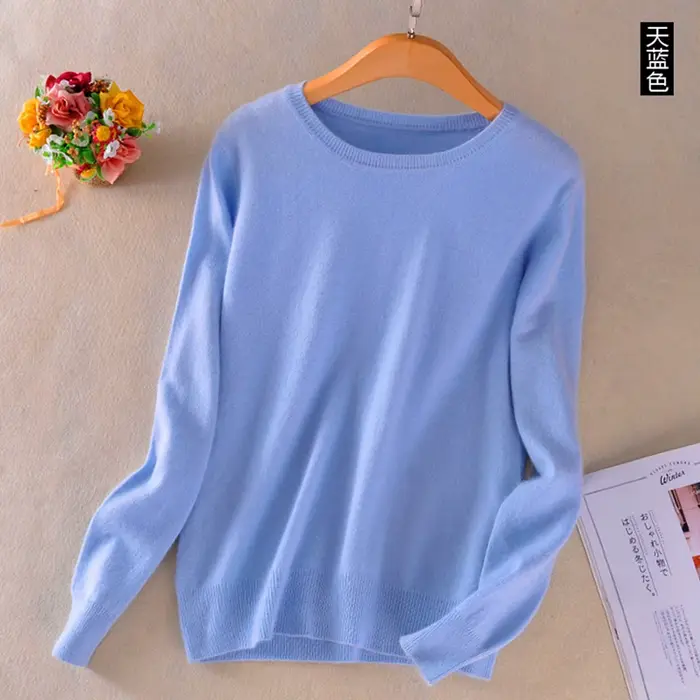 Pull en cachemire super doux pour femme, coton mélangé, classique, col rond, basique, côtelé, automn