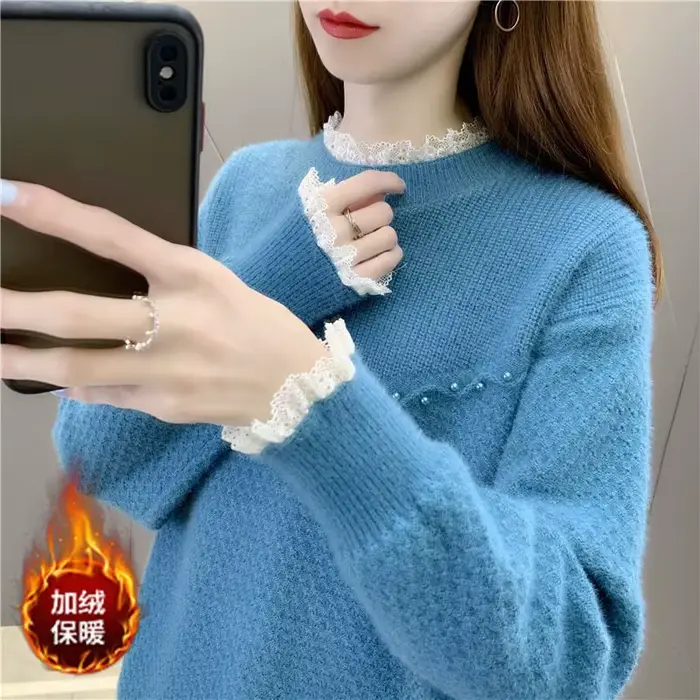 Pull en patchwork de dentelle à manches longues pour femmes