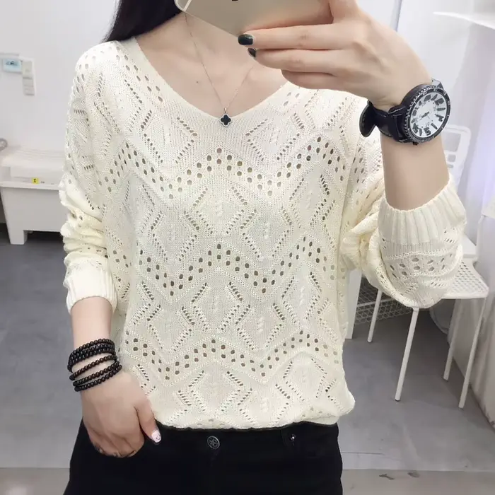 Pointelle haut en tricot à manches longues recadrée pull uni femmes