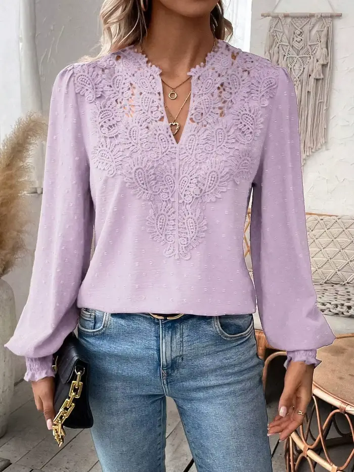 Pull en dentelle à manches longues pour femmes, pull à col en V, manches bouffantes, mignon, automne, polyester, occassions spéciales ```