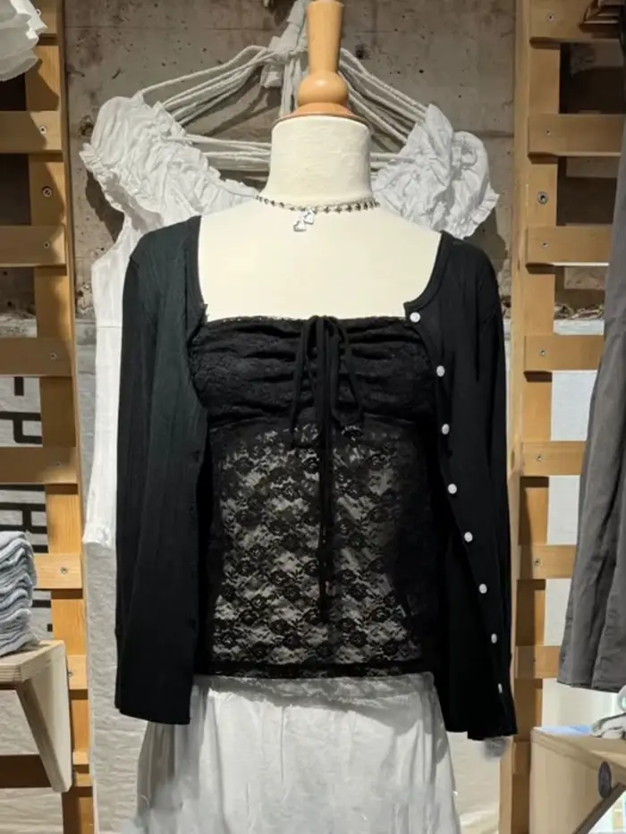 Oeillet noir bouton hauts Cardigan femmes nouveau coton Patchwork demi manches T-shirts femme Vintage Preppy Style