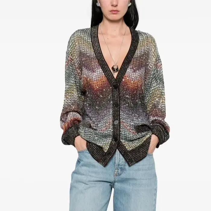 Cardigan en tricot plissé pour femme, à rayures arc-en-ciel, col en V, boutonnage frontal, manches l